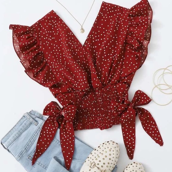 SHEIN Tops - Ruffle Trim Shirred Knotted Polka Dot Top